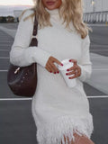 Fringe Turtleneck Sweater Dress White / S