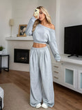Full Size Boat Neck Crop Top & Wide Leg Pants Set Plus Size