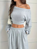 Full Size Boat Neck Crop Top & Wide Leg Pants Set Plus Size Gray / S