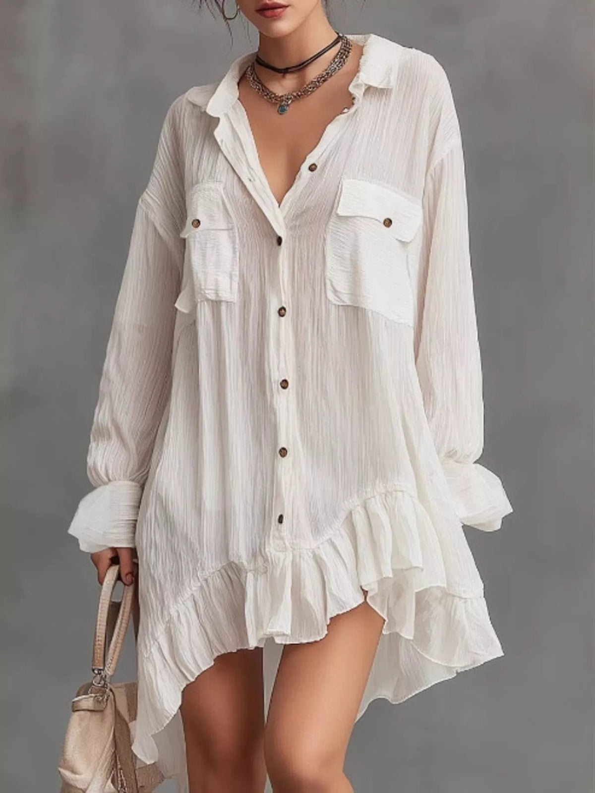 Full Size Button-Down Ruffle Hem Shirt Dress Plus Size White / S
