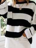 Plus Size Striped Round Neck Sweater Black / S