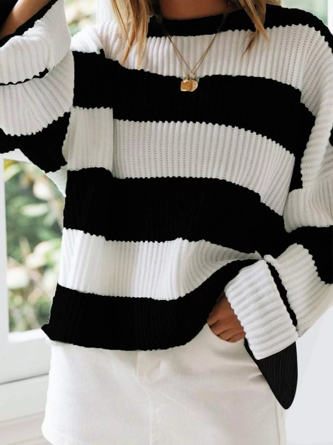 Plus Size Striped Round Neck Sweater Black / S