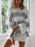 Plus Size Striped Round Neck Sweater Gray / S