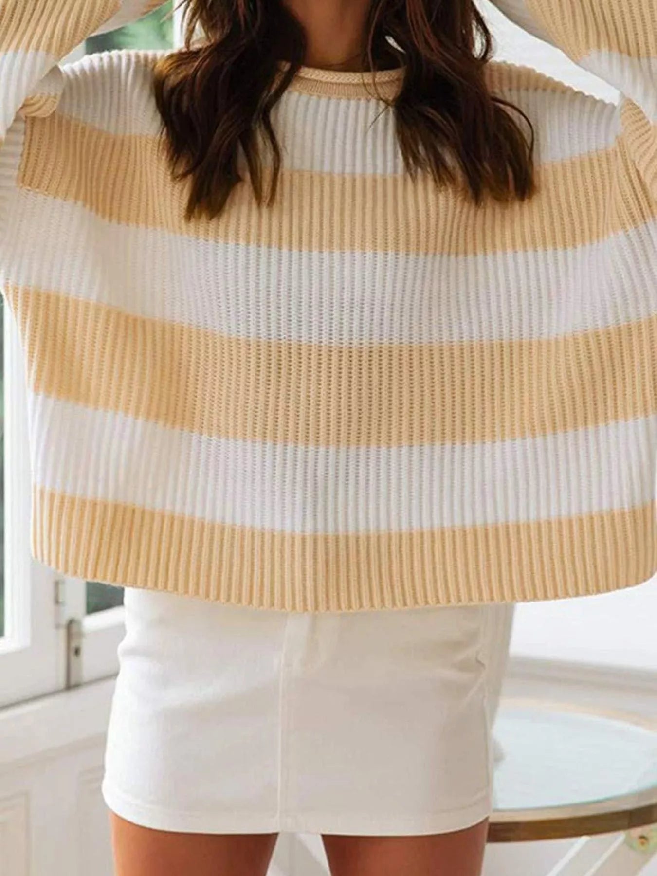 Plus Size Striped Round Neck Sweater Khaki / S