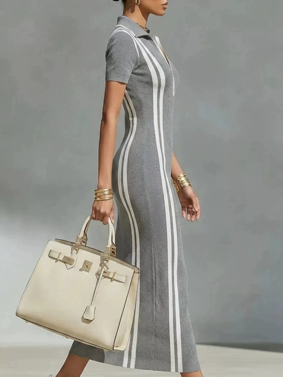 Full Size Contrast Stripes Short Sleeve Midi Dress Plus Size Gray / S