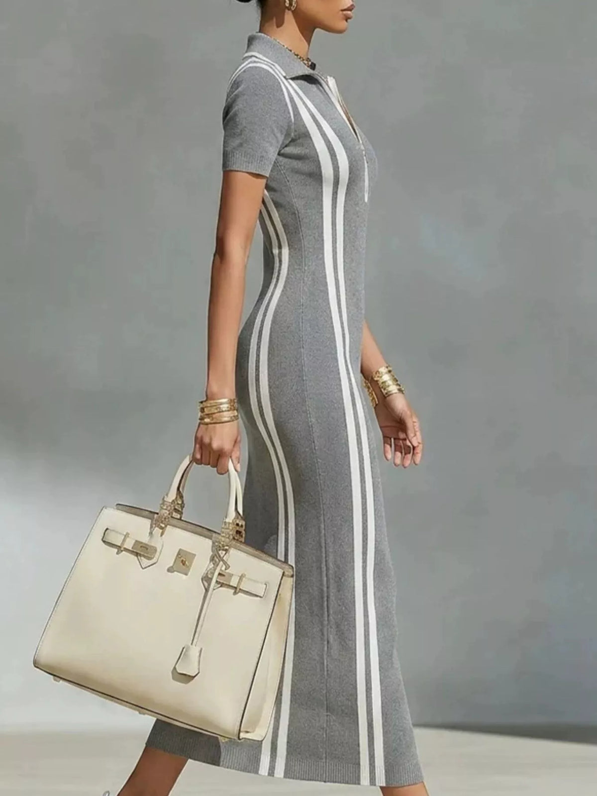 Full Size Contrast Stripes Short Sleeve Midi Dress Plus Size