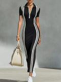 Full Size Contrast Stripes Short Sleeve Midi Dress Plus Size Black / S