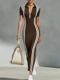 Full Size Contrast Stripes Short Sleeve Midi Dress Plus Size Brown / S