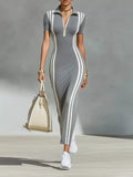 Full Size Contrast Stripes Short Sleeve Midi Dress Plus Size Gray / S