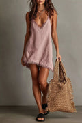 Full Size Fringe V-Neck Cami Dress Plus Size Dusty Pink / S
