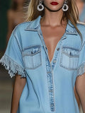 Full Size Fringed Button Front Denim Shirt Dress Plus Size