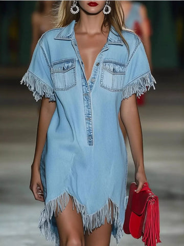 Full Size Fringed Button Front Denim Shirt Dress Plus Size Sky Blue / S