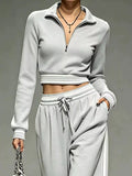 Full Size Half Zip Cropped Top and Pants Set Plus Size