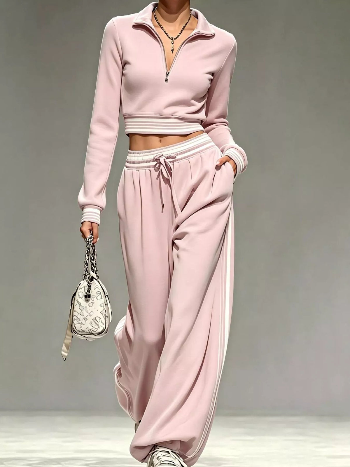 Full Size Half Zip Cropped Top and Pants Set Plus Size