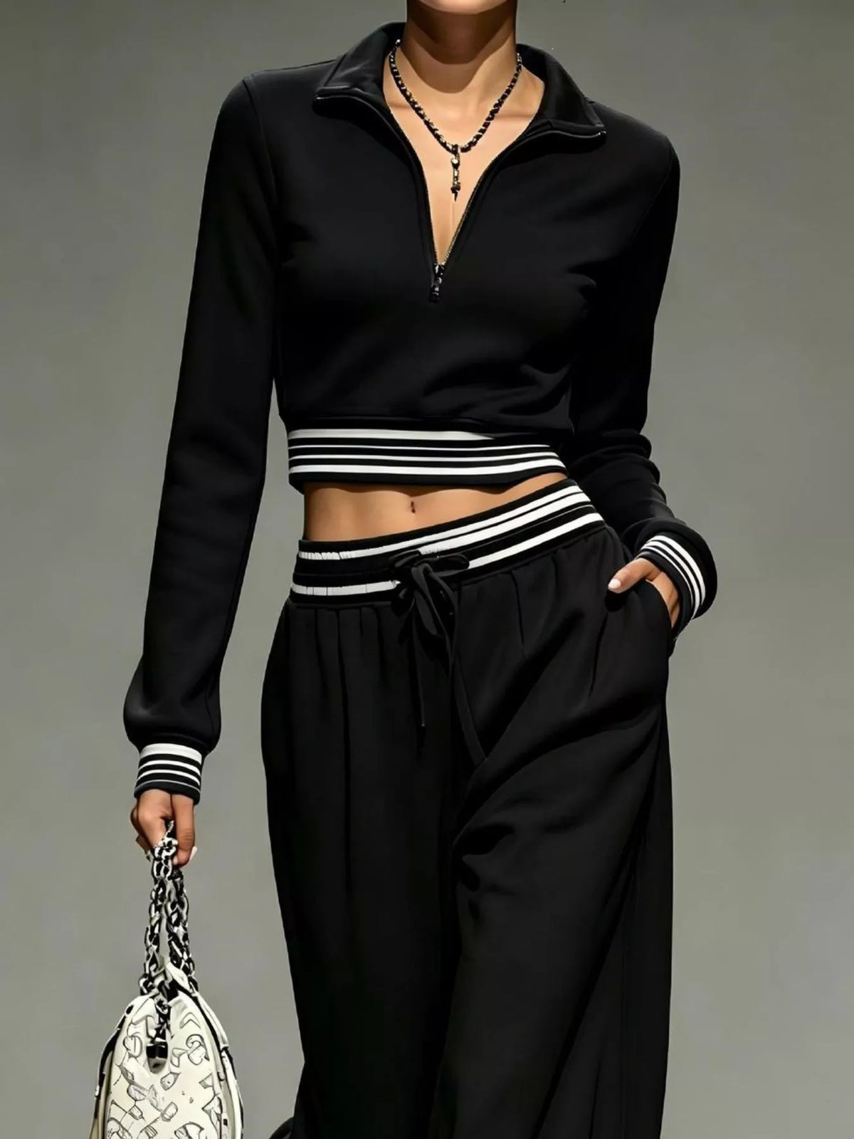 Full Size Half Zip Cropped Top and Pants Set Plus Size
