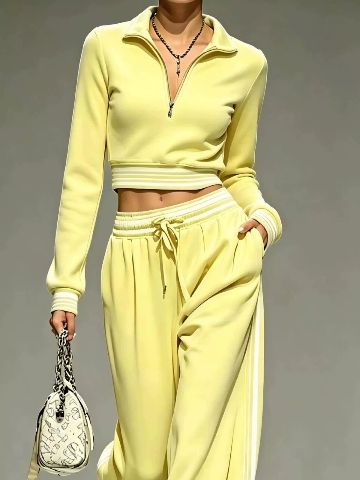 Full Size Half Zip Cropped Top and Pants Set Plus Size