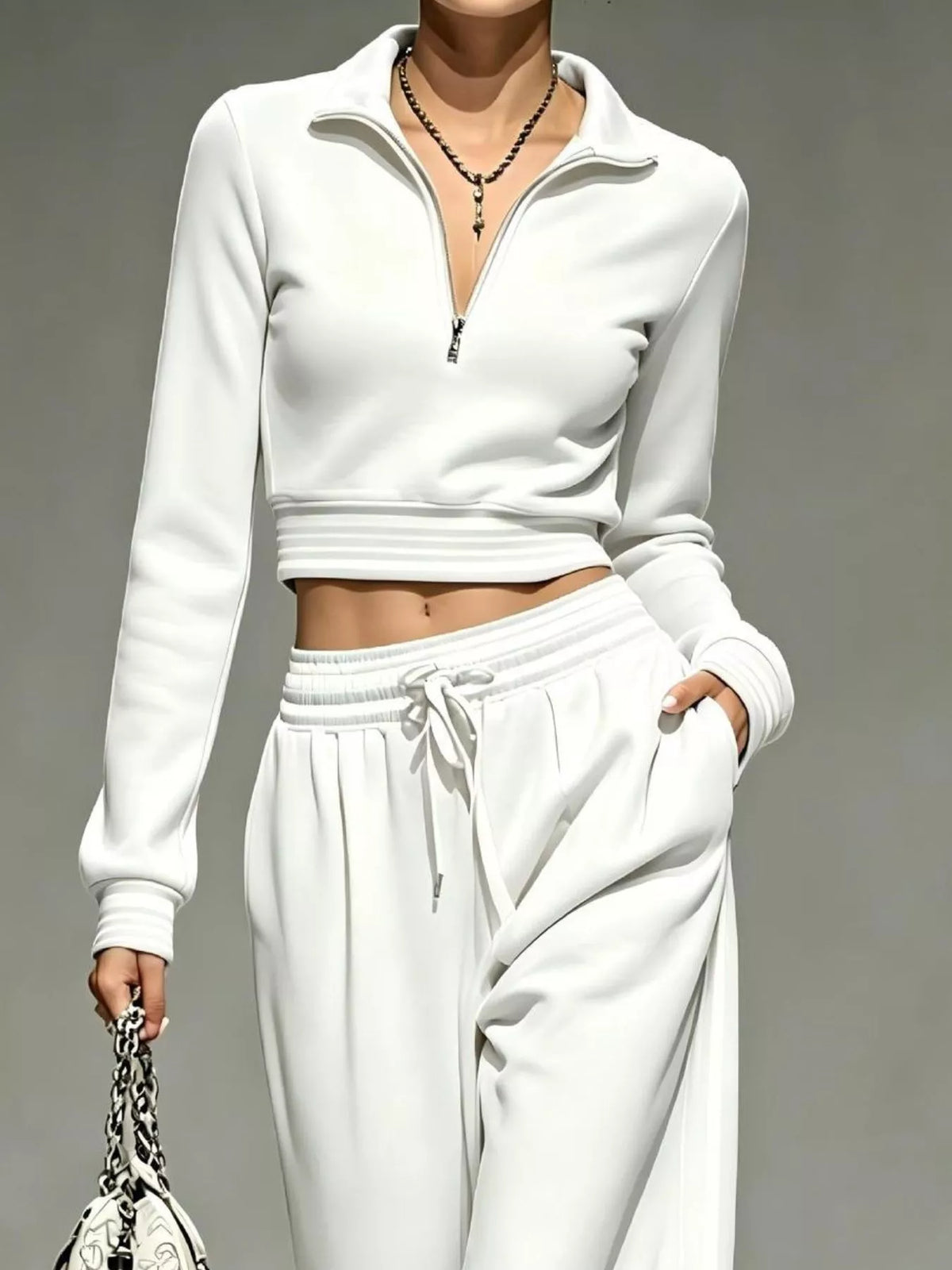 Full Size Half Zip Cropped Top and Pants Set Plus Size
