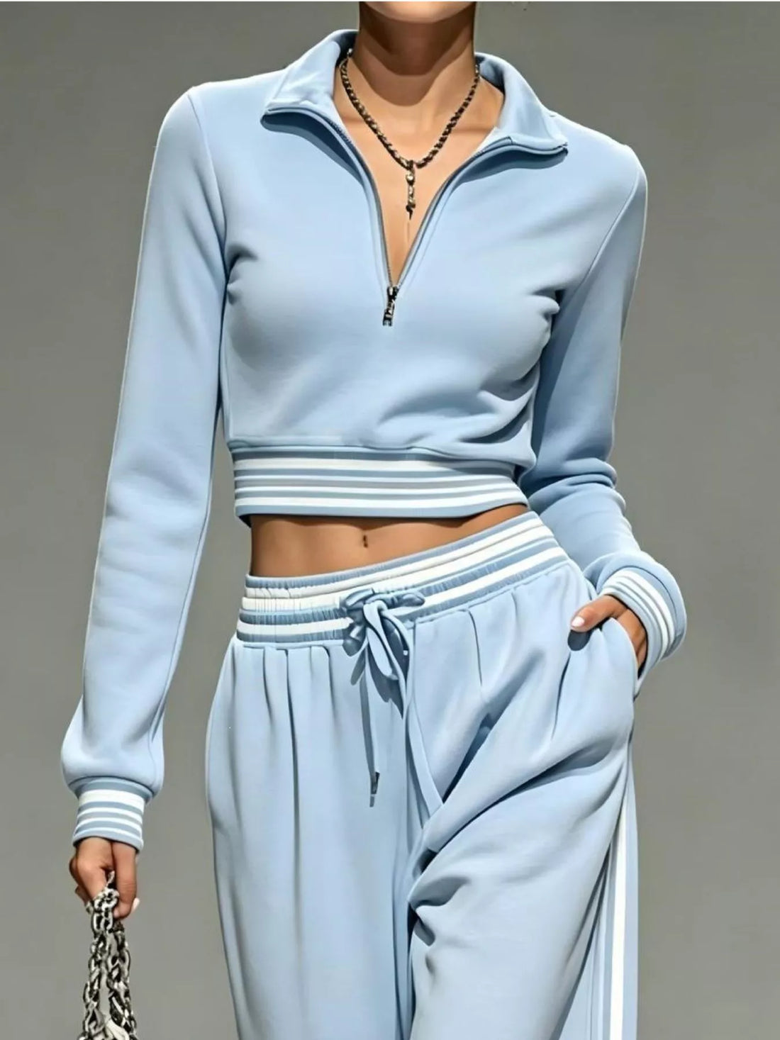 Full Size Half Zip Cropped Top and Pants Set Plus Size Light Blue / S