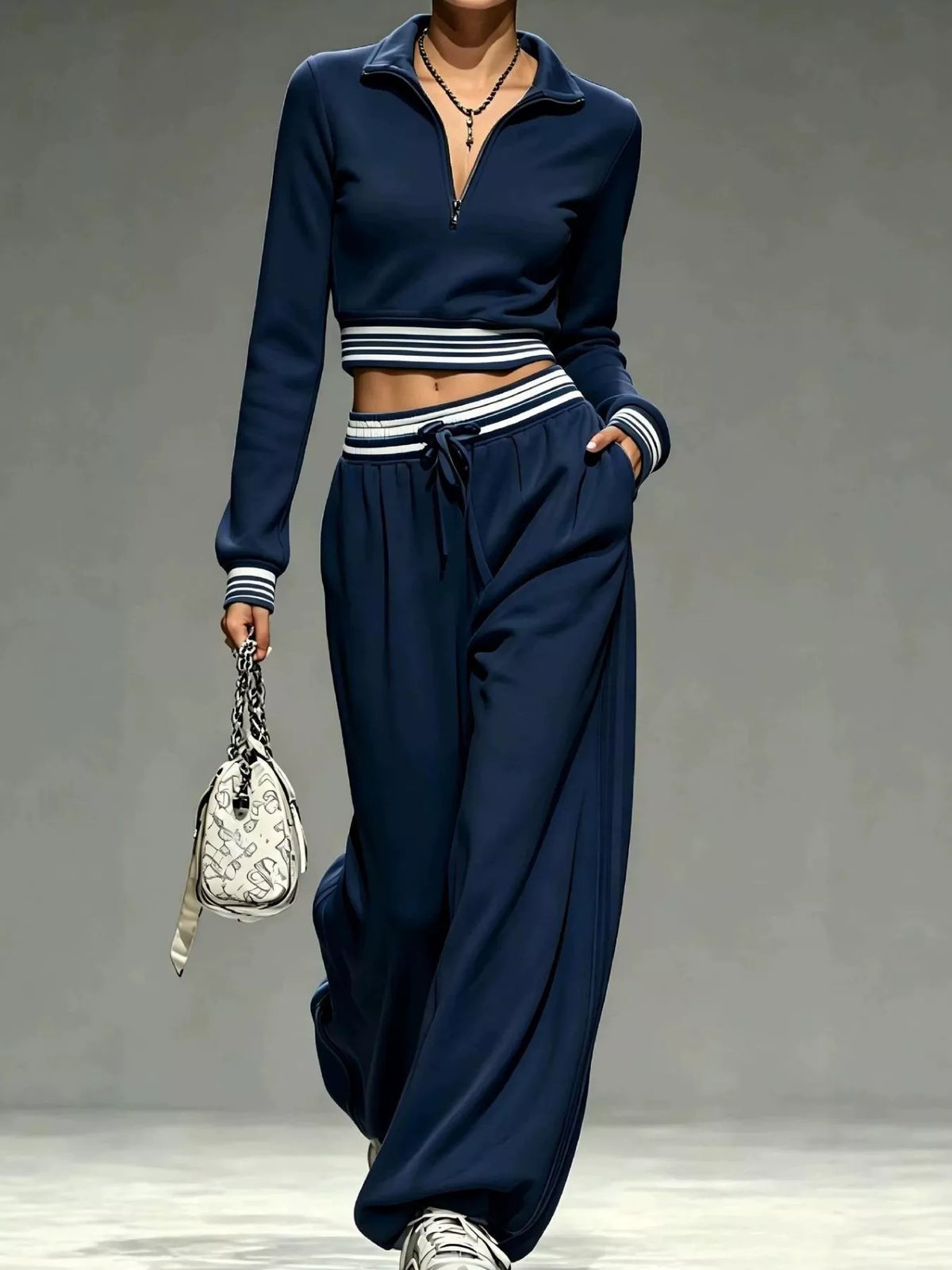 Full Size Half Zip Cropped Top and Pants Set Plus Size