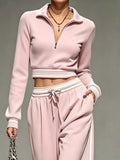 Full Size Half Zip Cropped Top and Pants Set Plus Size Blush Pink / S