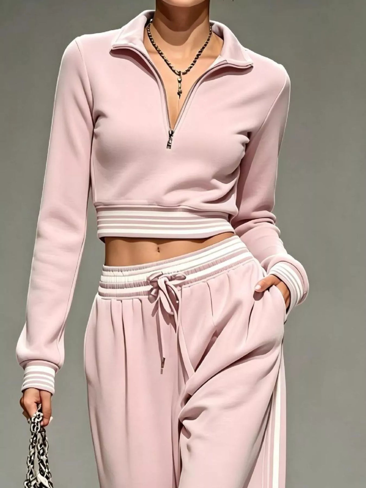 Full Size Half Zip Cropped Top and Pants Set Plus Size Blush Pink / S