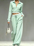 Full Size Half Zip Cropped Top and Pants Set Plus Size Gum Leaf / S