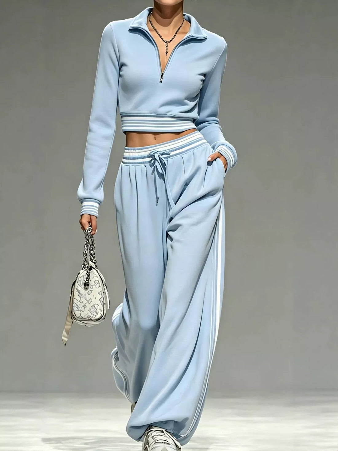 Full Size Half Zip Cropped Top and Pants Set Plus Size Light Blue / S