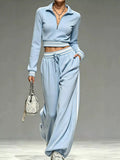Full Size Half Zip Cropped Top and Pants Set Plus Size Light Blue / S