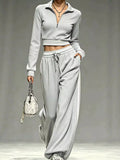 Full Size Half Zip Cropped Top and Pants Set Plus Size Light Gray / S