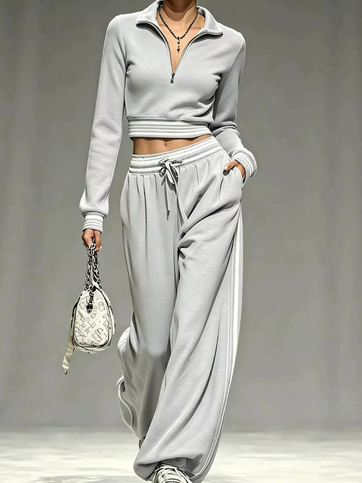 Full Size Half Zip Cropped Top and Pants Set Plus Size Light Gray / S