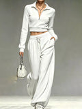 Full Size Half Zip Cropped Top and Pants Set Plus Size White / S