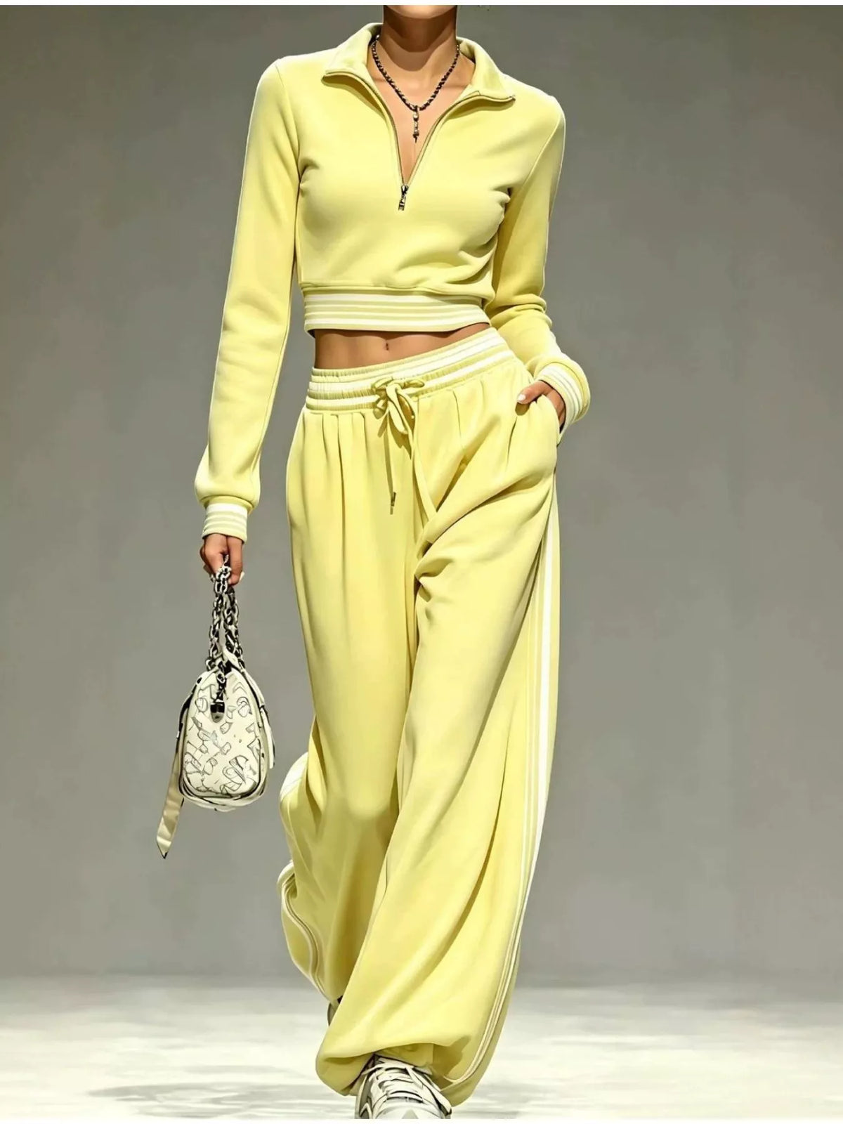 Full Size Half Zip Cropped Top and Pants Set Plus Size Yellow / S