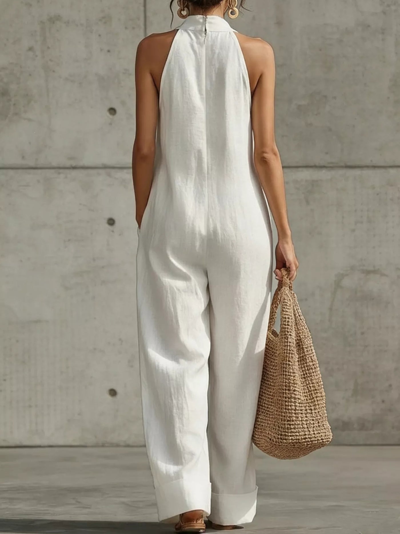 Plus Size Halter Wide-Leg Pocket Jumpsuit