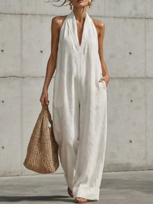 Plus Size Halter Wide-Leg Pocket Jumpsuit