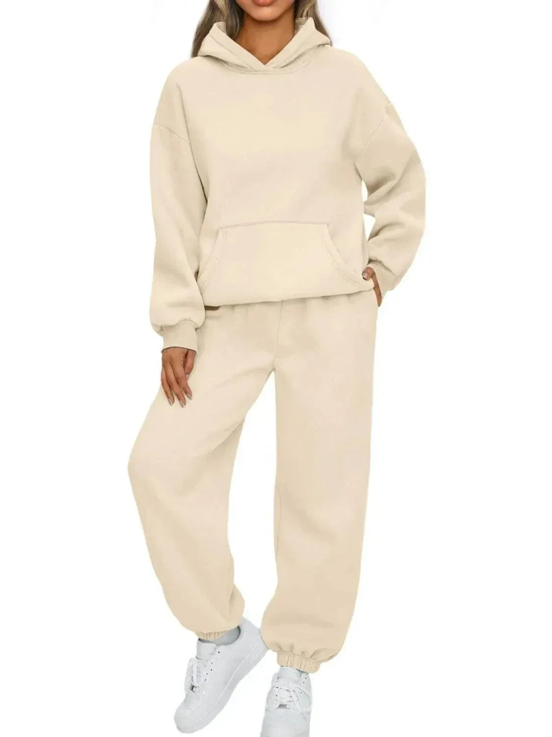 Plus Size Kangaroo Pocket Hoodie and Joggers Set for Women Apricot / XS