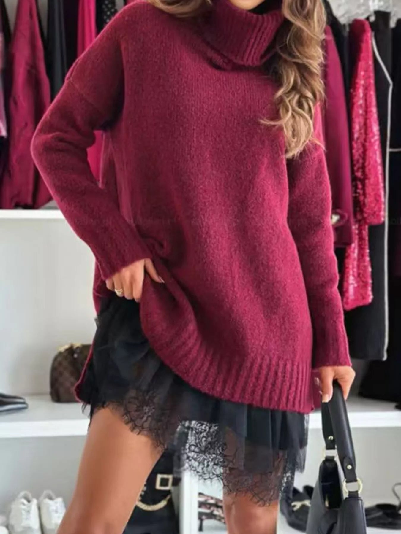 Full Size Lace Detail Cami Dress and Turtleneck Oversized Sweater Set Plus Size Fuchsia Pink / S