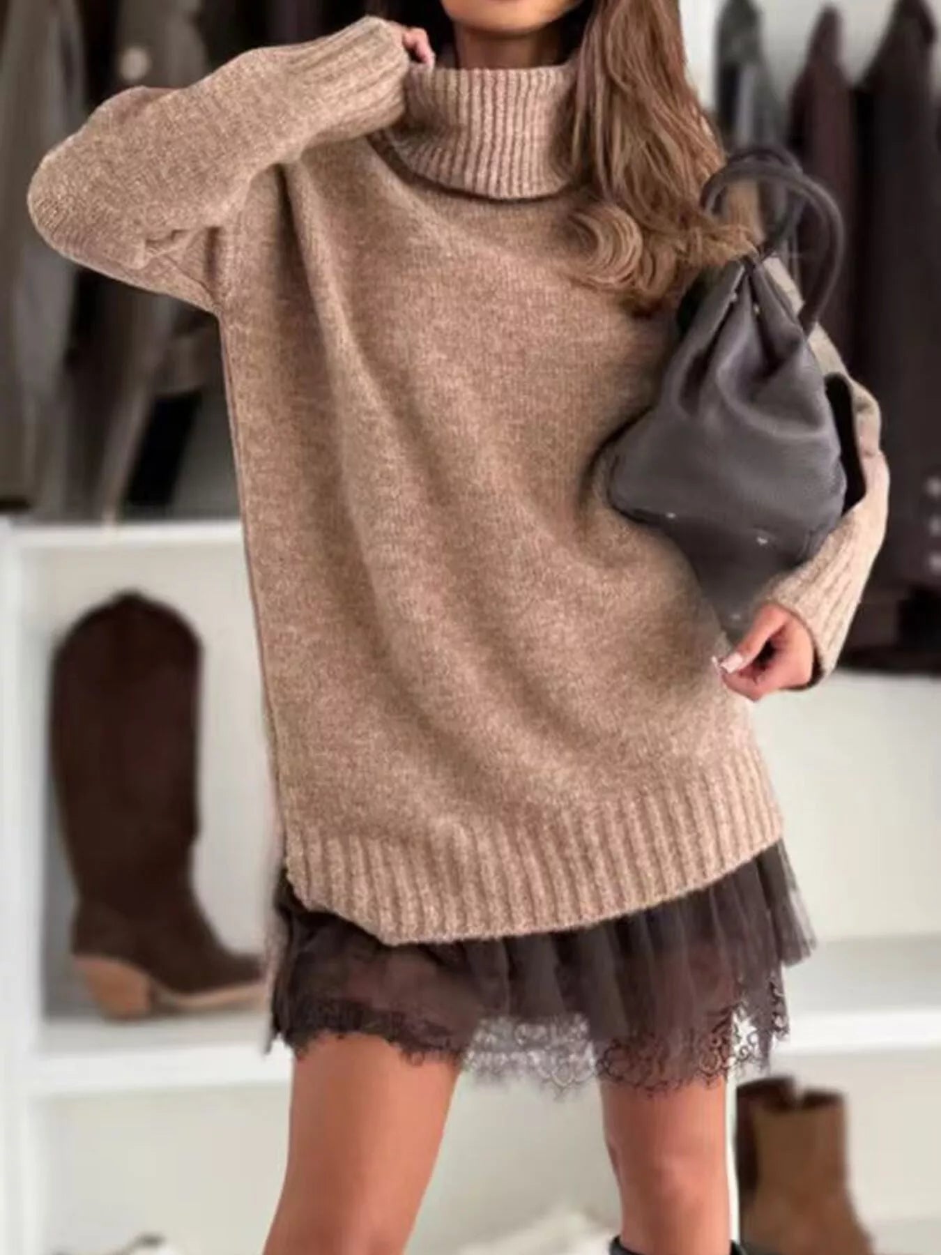 Full Size Lace Detail Cami Dress and Turtleneck Oversized Sweater Set Plus Size Khaki / S