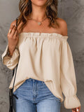 Full Size Off-Shoulder Ruffle Long Sleeve Blouse Plus Size Beige / S