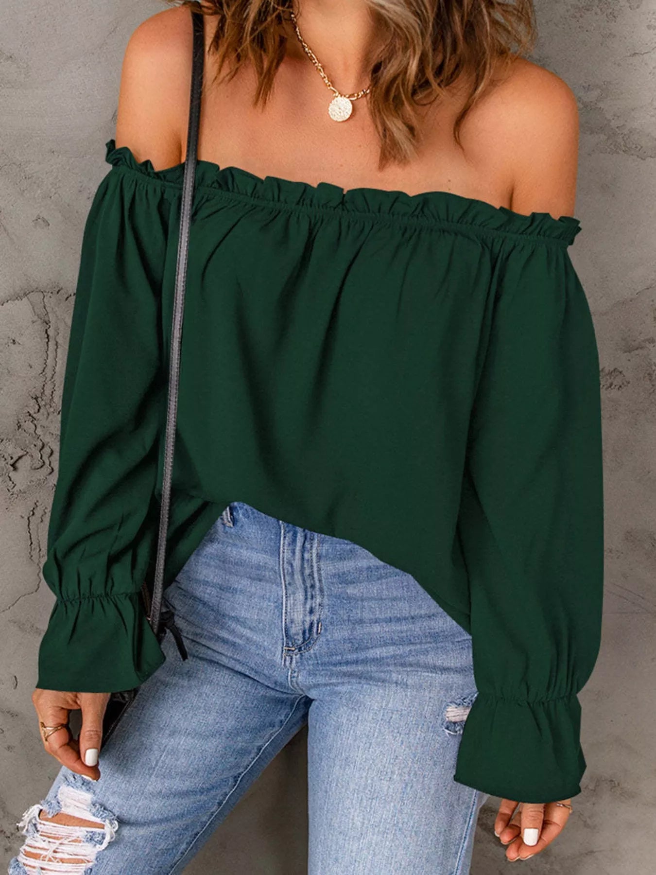 Full Size Off-Shoulder Ruffle Long Sleeve Blouse Plus Size Black Forest / S