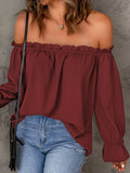 Full Size Off-Shoulder Ruffle Long Sleeve Blouse Plus Size Burgundy / S