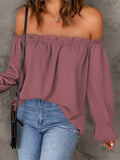 Full Size Off-Shoulder Ruffle Long Sleeve Blouse Plus Size Dusty Pink / S