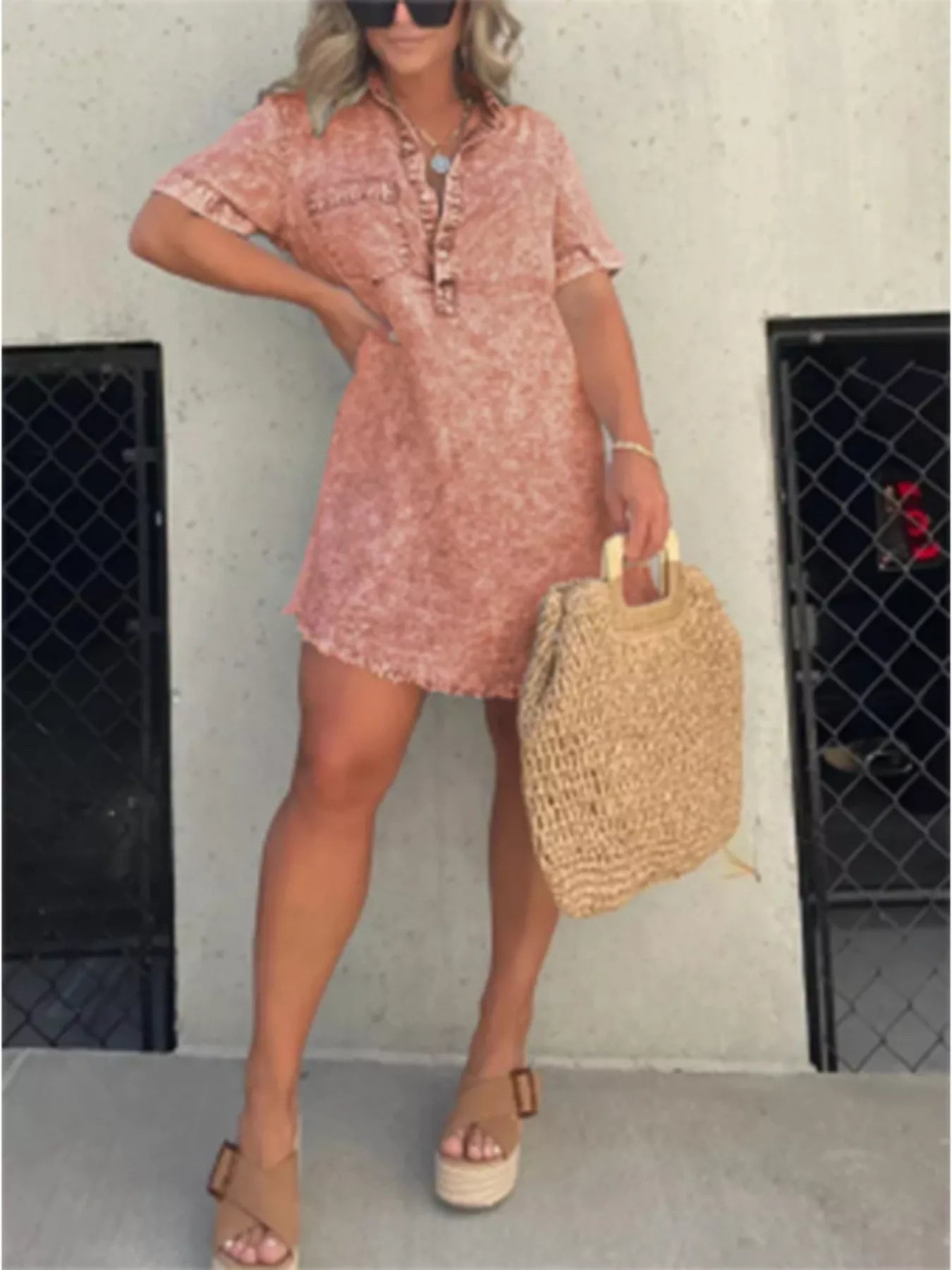 Full Size Raw Hem Short Sleeve Dress Plus Size Coral / S