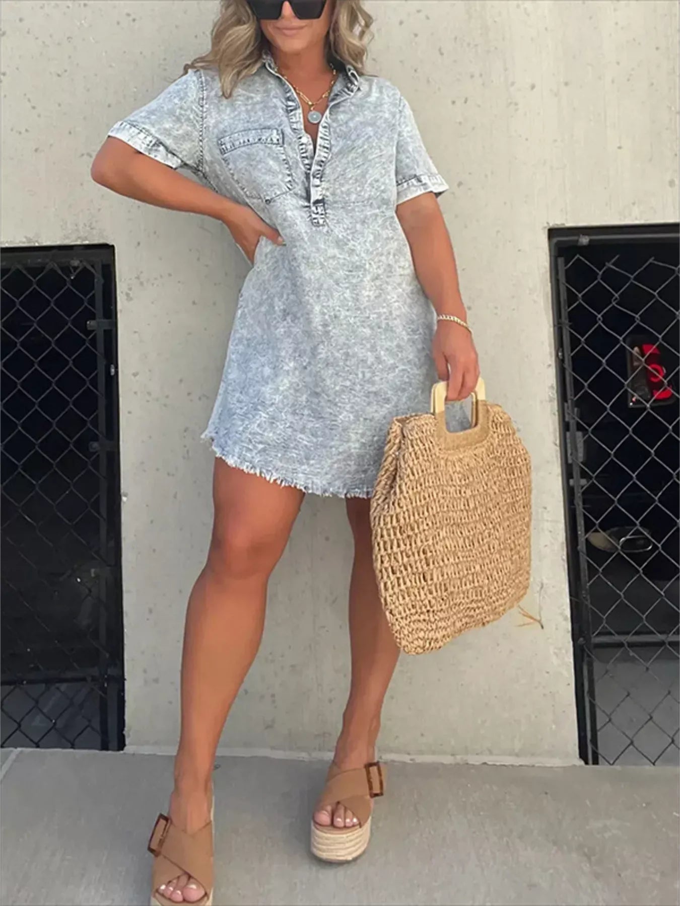 Full Size Raw Hem Short Sleeve Dress Plus Size Grey / S