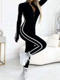 Full Size Stripe Zip-Front Long Sleeve Jumpsuit Plus Size