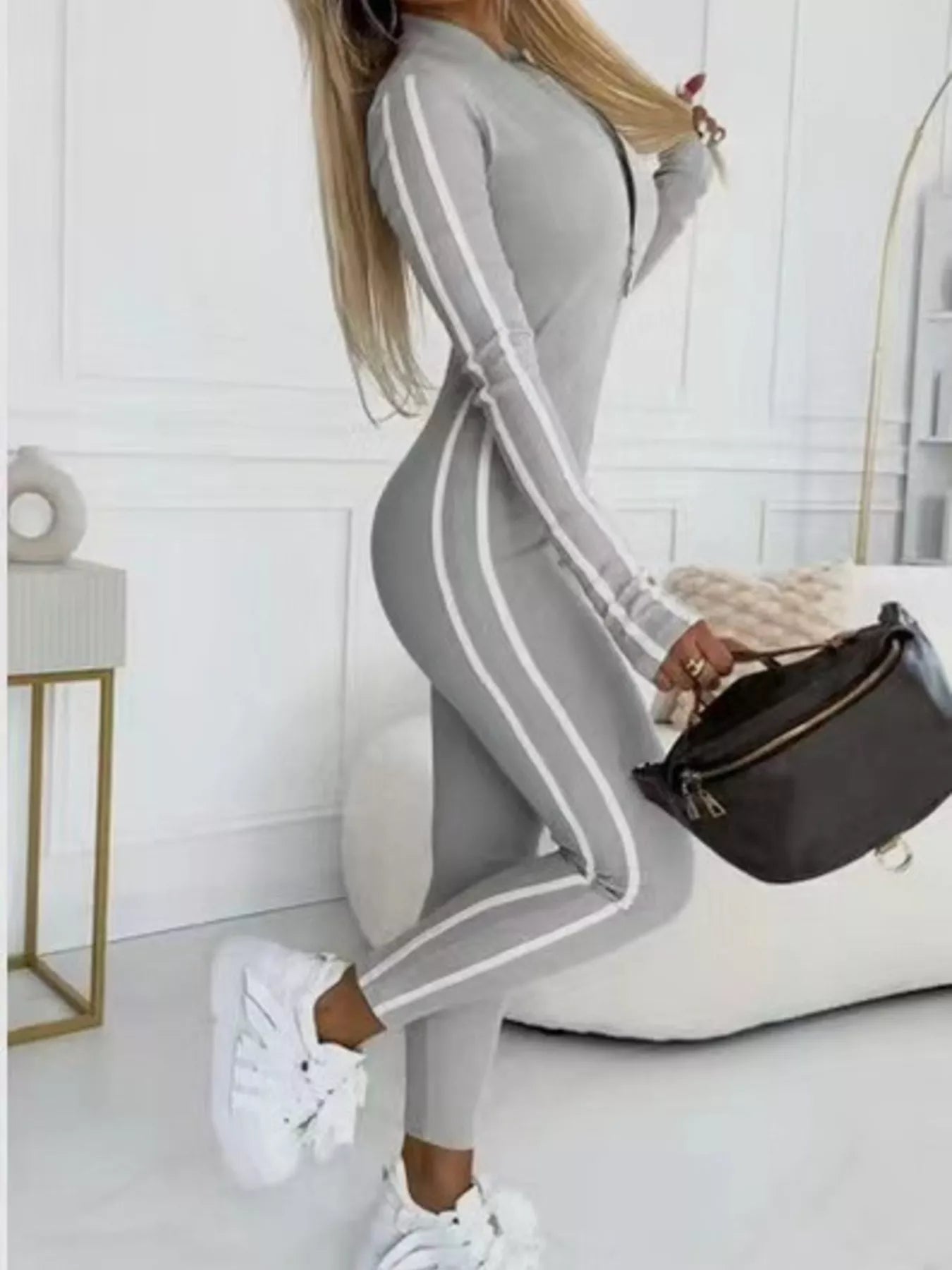 Full Size Stripe Zip-Front Long Sleeve Jumpsuit Plus Size Gray / S