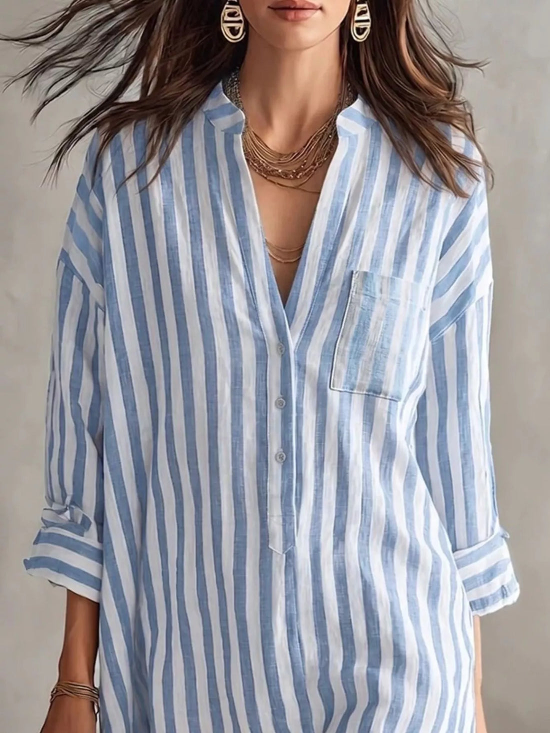 Full Size Striped 3/4 Sleeve Shirt Dress Plus Size Blue / S