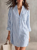 Full Size Striped 3/4 Sleeve Shirt Dress Plus Size Blue / S