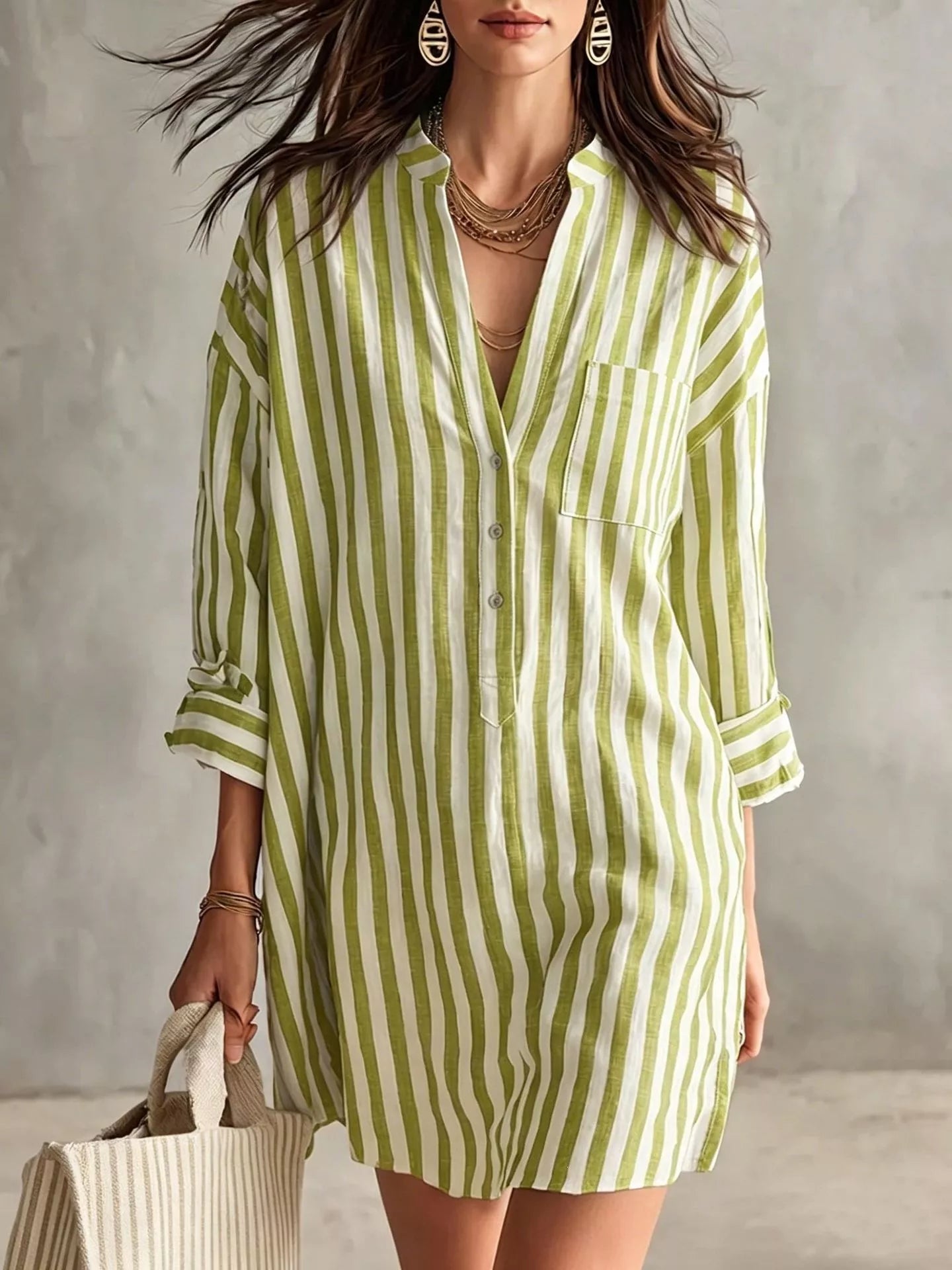 Full Size Striped 3/4 Sleeve Shirt Dress Plus Size Green / S
