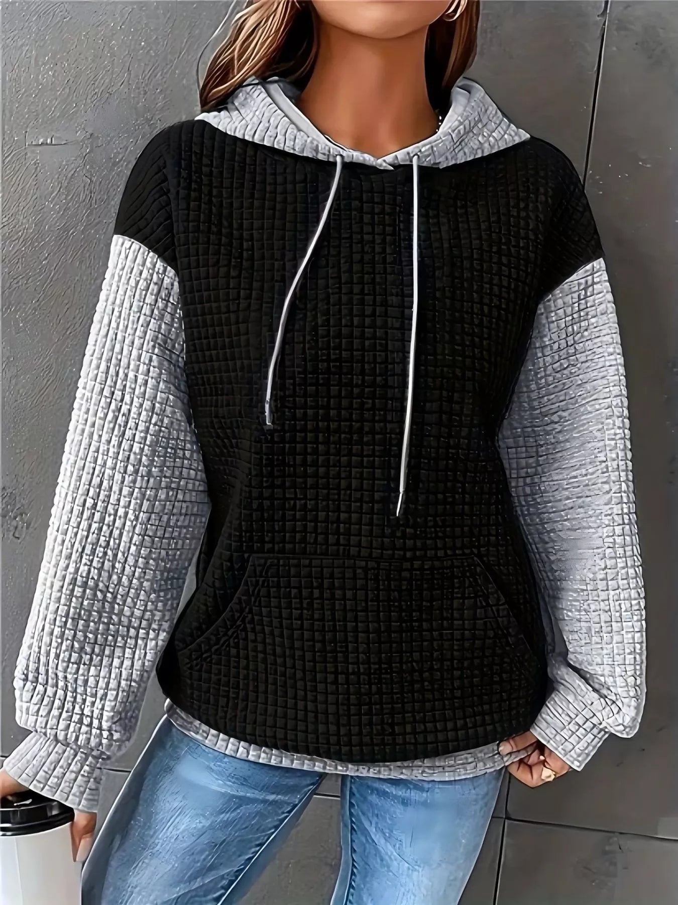 Full Size Textured Kangaroo Pocket Hoodie Plus Size Black/White / S