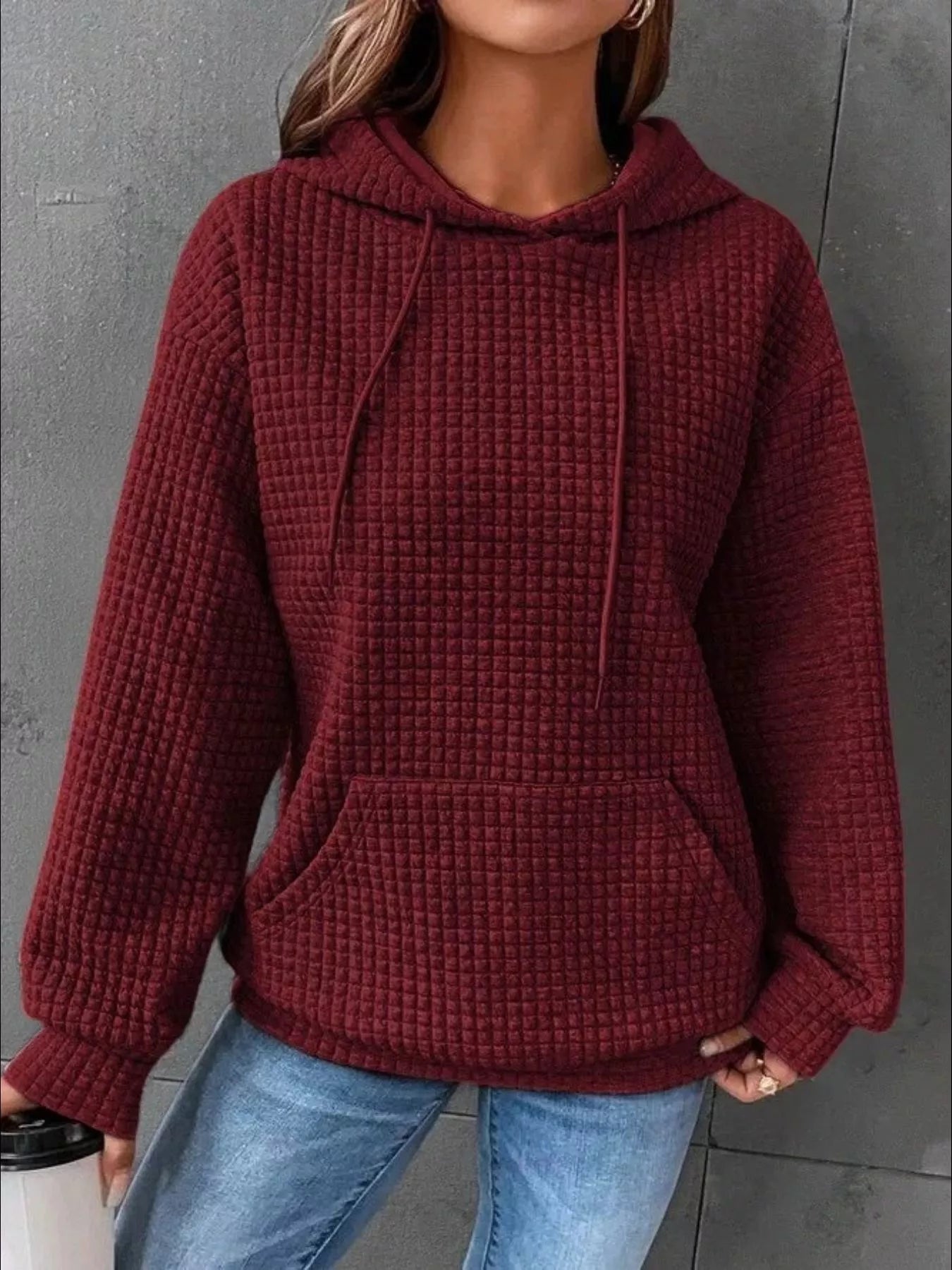 Full Size Textured Kangaroo Pocket Hoodie Plus Size Dark Red / S